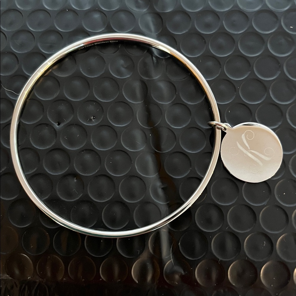 Silver Bangle Bracelet with Engraved Charm